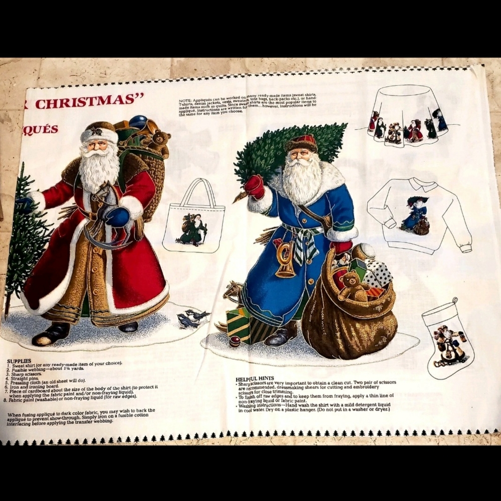 Cranston Cotton Fabric Panel Appliques "OLDE FATHER CHRISTMAS FOUR SANTAS"